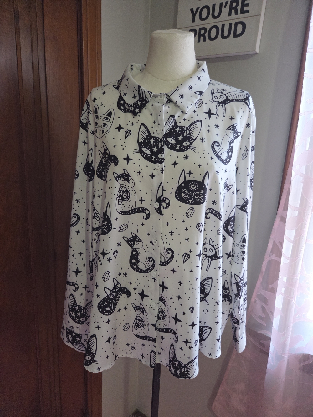 White Long-Sleeve Button-Up Blouse with Black Cat Print